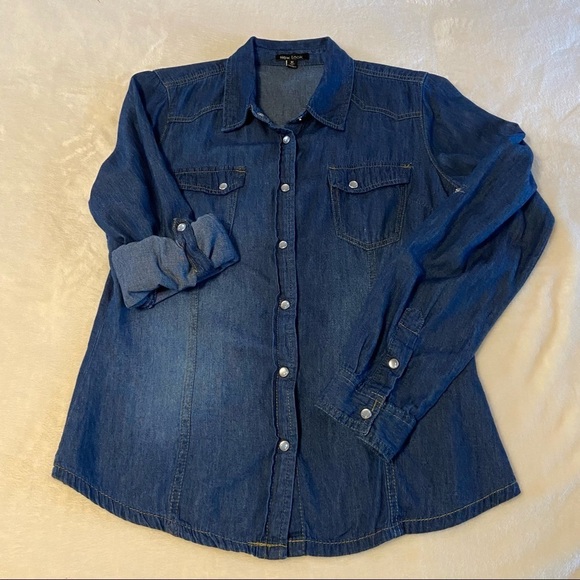 NEW LOOK / Dark Washed Lightweight Denim Pearl Snap Long Sleeve Shirt Size M - Picture 3 of 9